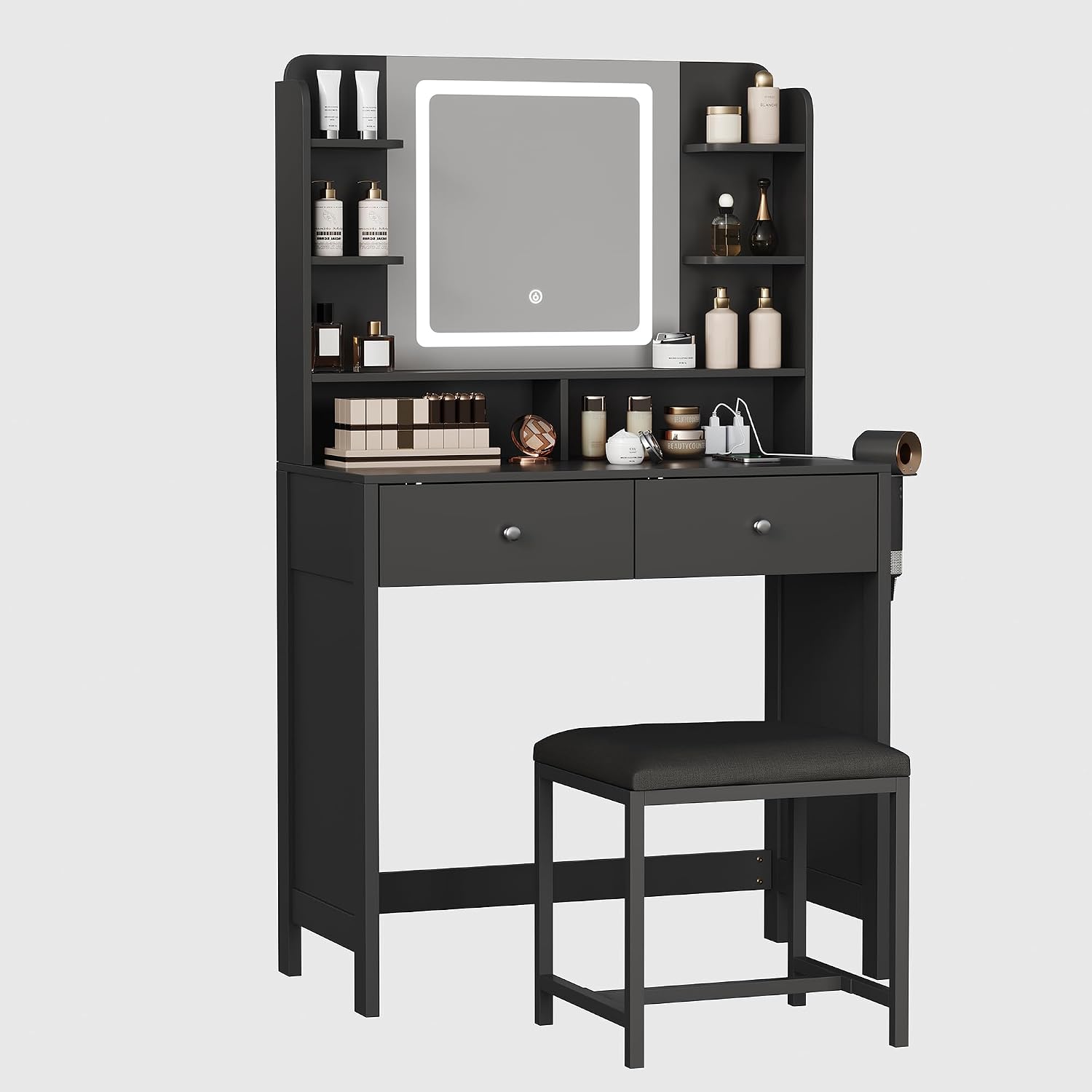 Black Vanity with Lighted Mirror, 8 Shelves, 2 Drawers, Charging Station, Hair Dryer Holder & Stool, LED Mirror with 3 Light Modes
