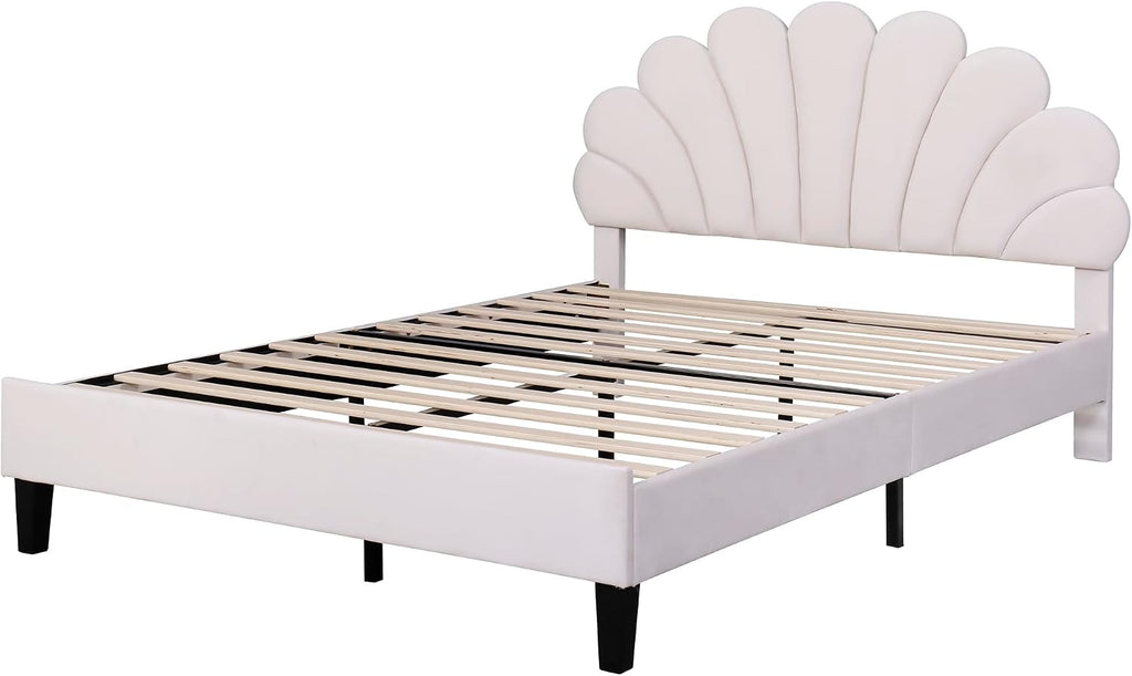 Harper & Bright Designs Full Size Upholstered Platform Bed Frame with Flower Pattern Velvet Headboard for Boys Girls Kids Adults, Beige