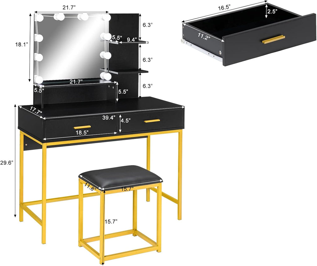 VINGLI Large Vanity Set with Lighted Mirror,Modern Makeup Vanity Table Set with LED Lights in 3 Colors,Bedroom Dressing Table with 2 Large Drawers and Storage Shelves for Women,Black&Gold