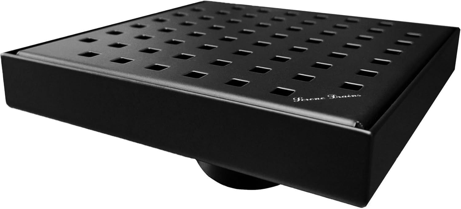 Serene Square Shower Drains - Traditional Square Design 6 Inch- stainless steel Luxurious line by Serene Steam include Rubber fitting (Matte Black)
