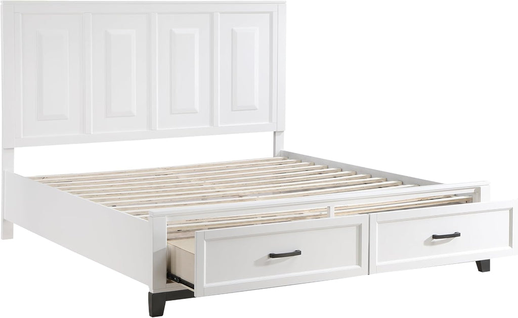 5 Pieces King Size Bedroom Set White Finish Platform Bed with Storage Footboard Wooden Furniture