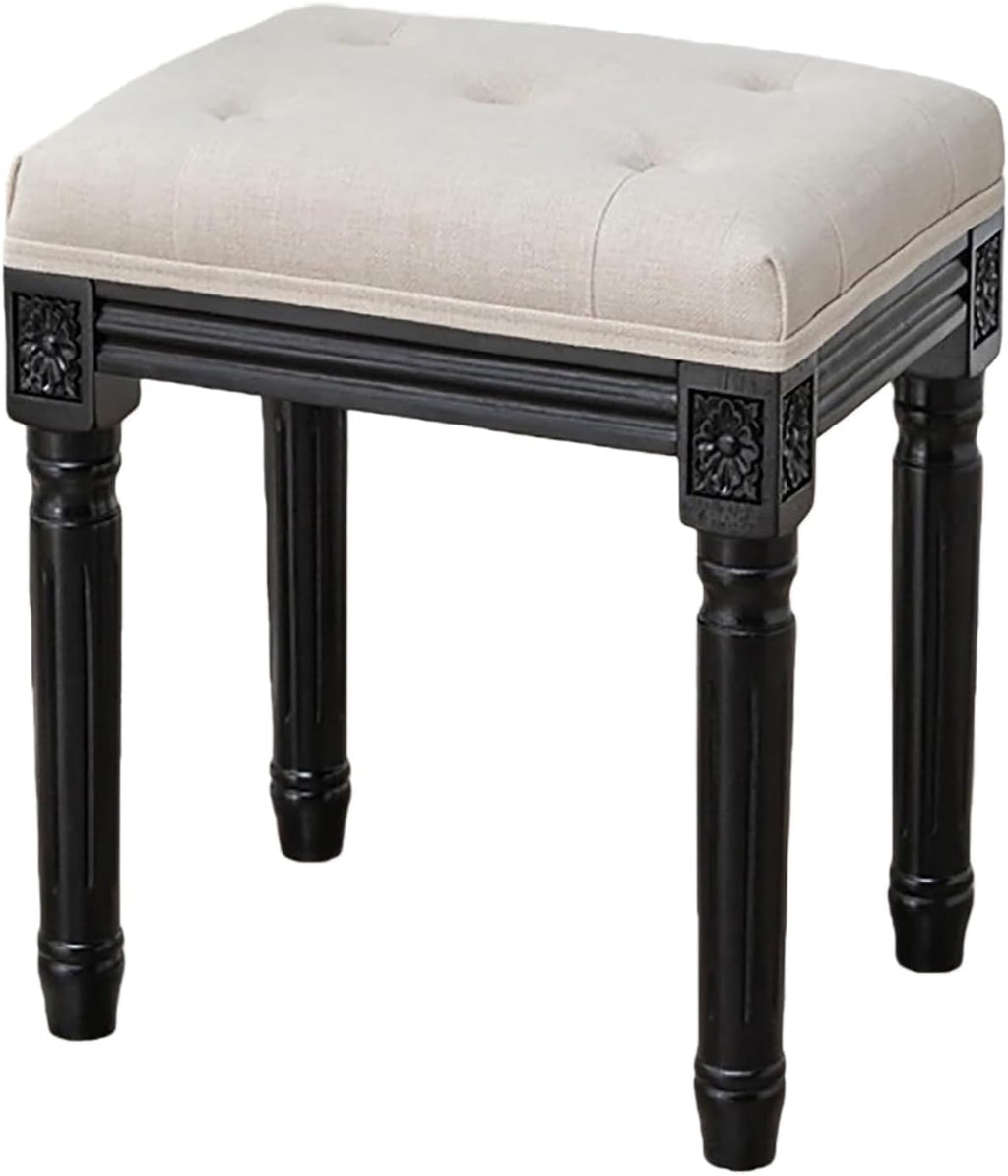 Upholstered Vanity Stool with Carved Dressing Makeup Bench with Solid Wood Legs Multi-Functional and Comfy Retro Bench Piano Seat for Bedroom, Bathroom, Vanity Table,White