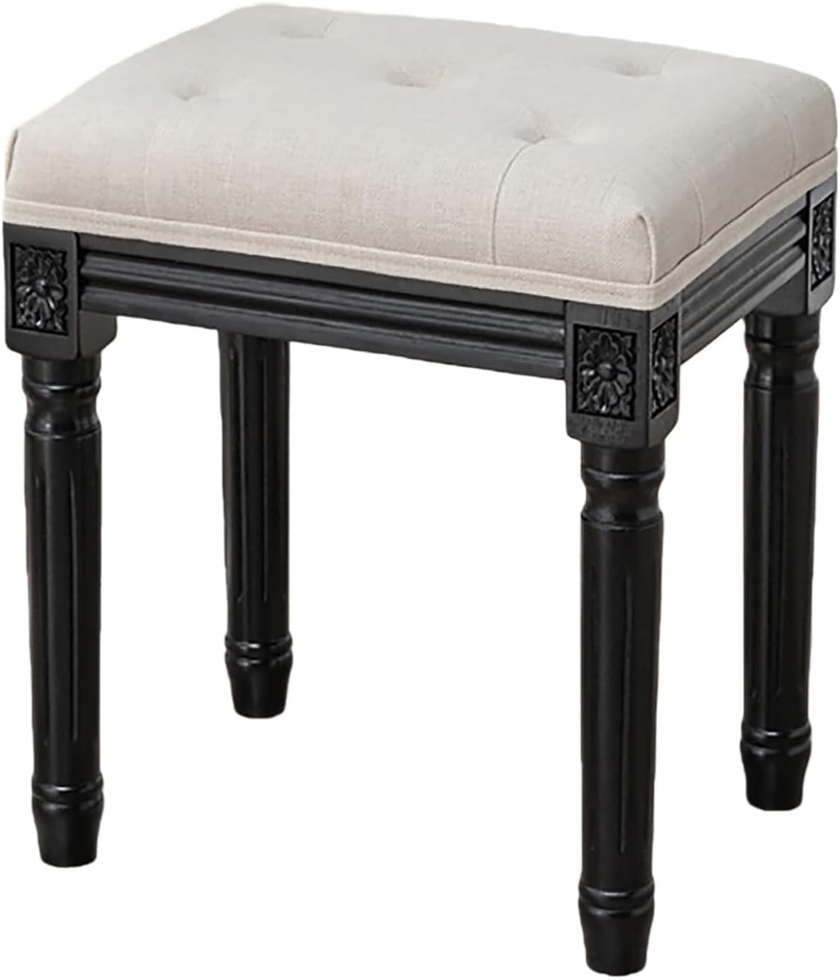 Upholstered Vanity Stool with Carved Dressing Makeup Bench with Solid Wood Legs Multi-Functional and Comfy Retro Bench Piano Seat for Bedroom, Bathroom, Vanity Table,White