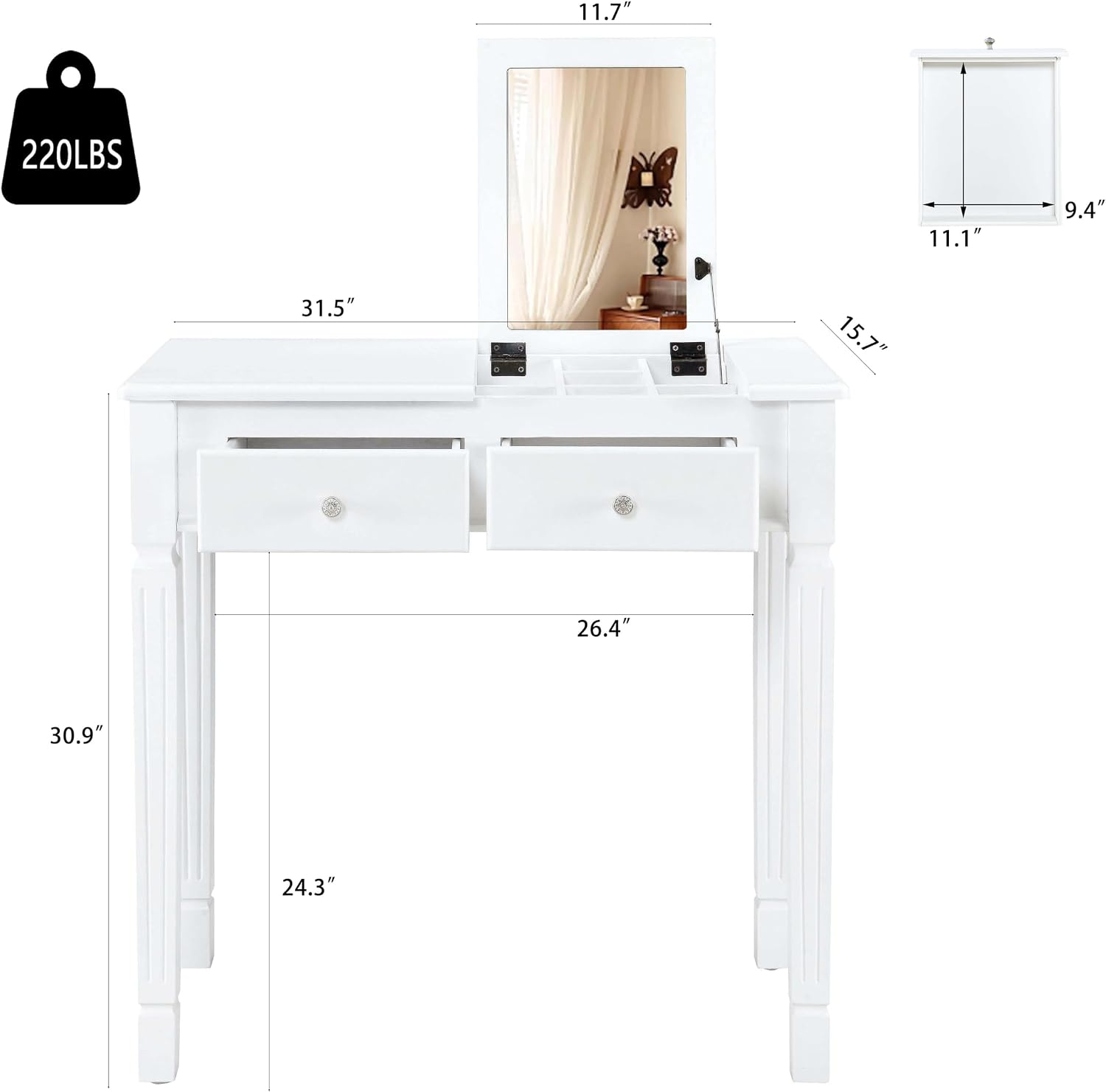 Small Makeup Vanity Desk Table with Flip-Top Mirror and Hidden Storage Compartments, Wood Computer Writing Desk with 2 Drawers, Easy Assembly Dressing Table for Bedroom,White,Red SZT-D0036-WT