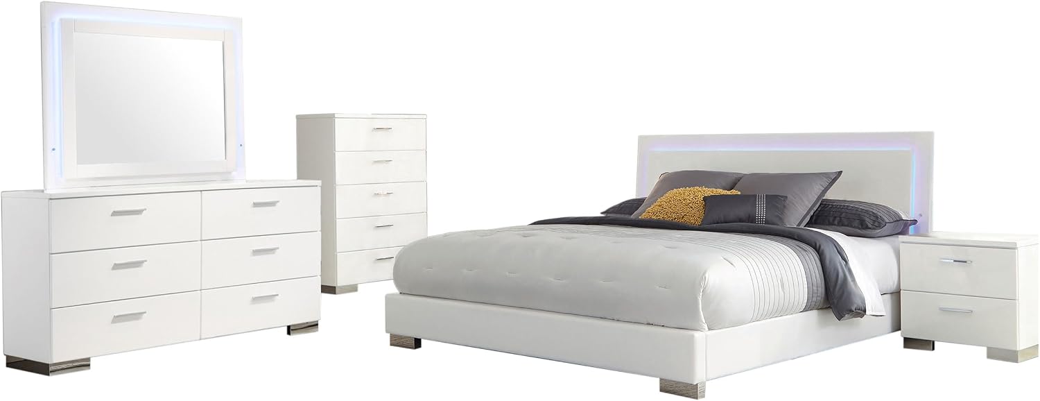 Coaster Home Furnishings Felicity Contemporary 5-Piece Bedroom Set California King Size LED Panel Bed Frame 49-inch Headboard White High Gloss 203500KW-S5L