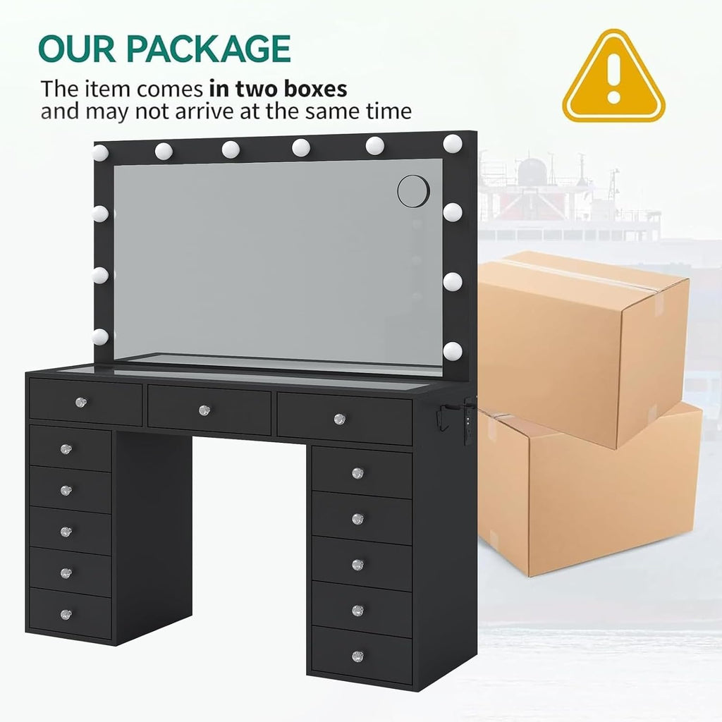 FUSOU 13 Drawers Vanity Desk, 47''W Makeup Vanity with Power Outlet, Vanity Table with Mirror and 12 LED Bulbs, 3 Color Lighting Modes, Glass Top, Dressing Table for Bedroom (Black)