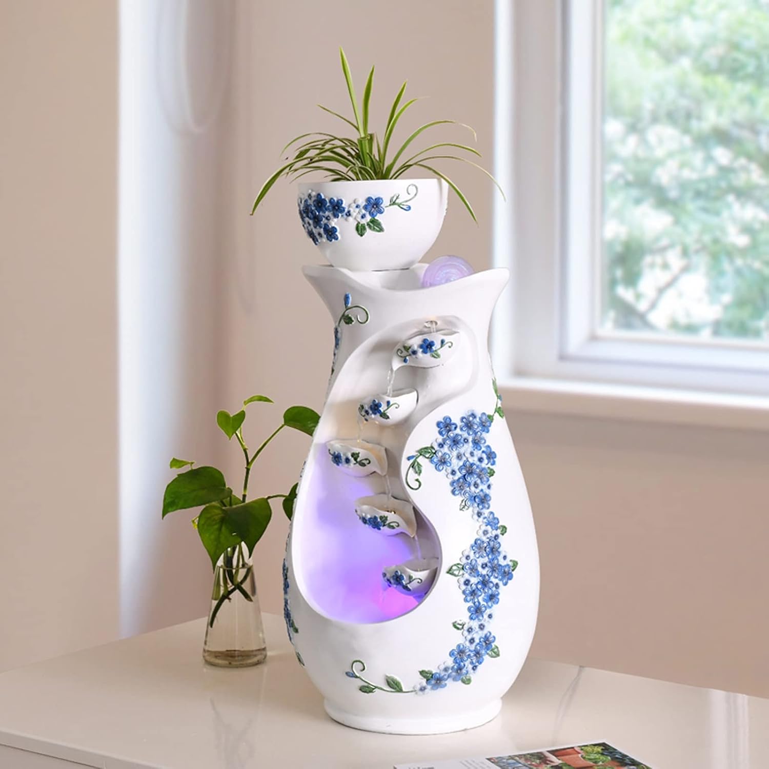 Tabletop Fountain Indoor Desktop Tabletop Water Fountain White Background Blue Flower Tiered Resin Vase Pitchers Elegant Interior Feature Decorative for Home and Office(Small)