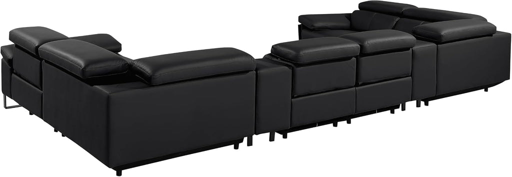 BlackJack Furniture Antonio 8 Piece U Shaped Power Reclining Sectional Sofa, Modular Couch with Top Grain Italian Leather, 4 Electric Recliners, USB & Wireless Chargers, Storage Console, Black