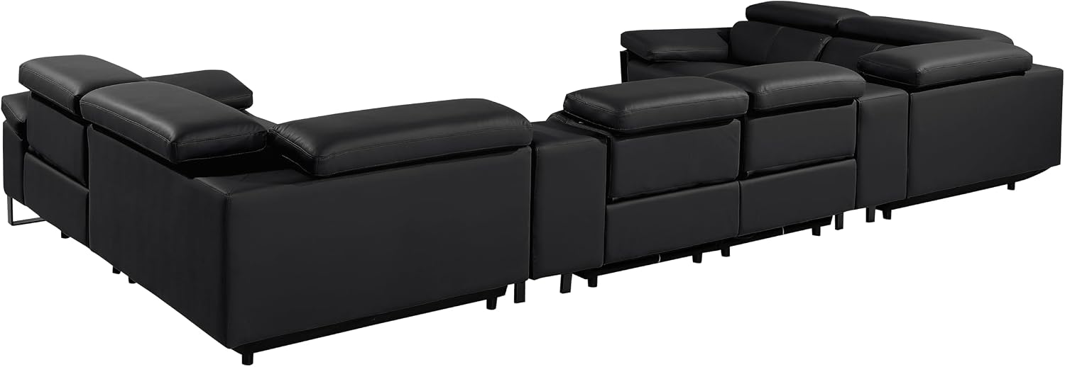 BlackJack Furniture Antonio 8 Piece U Shaped Power Reclining Sectional Sofa, Modular Couch with Top Grain Italian Leather, 4 Electric Recliners, USB & Wireless Chargers, Storage Console, Black