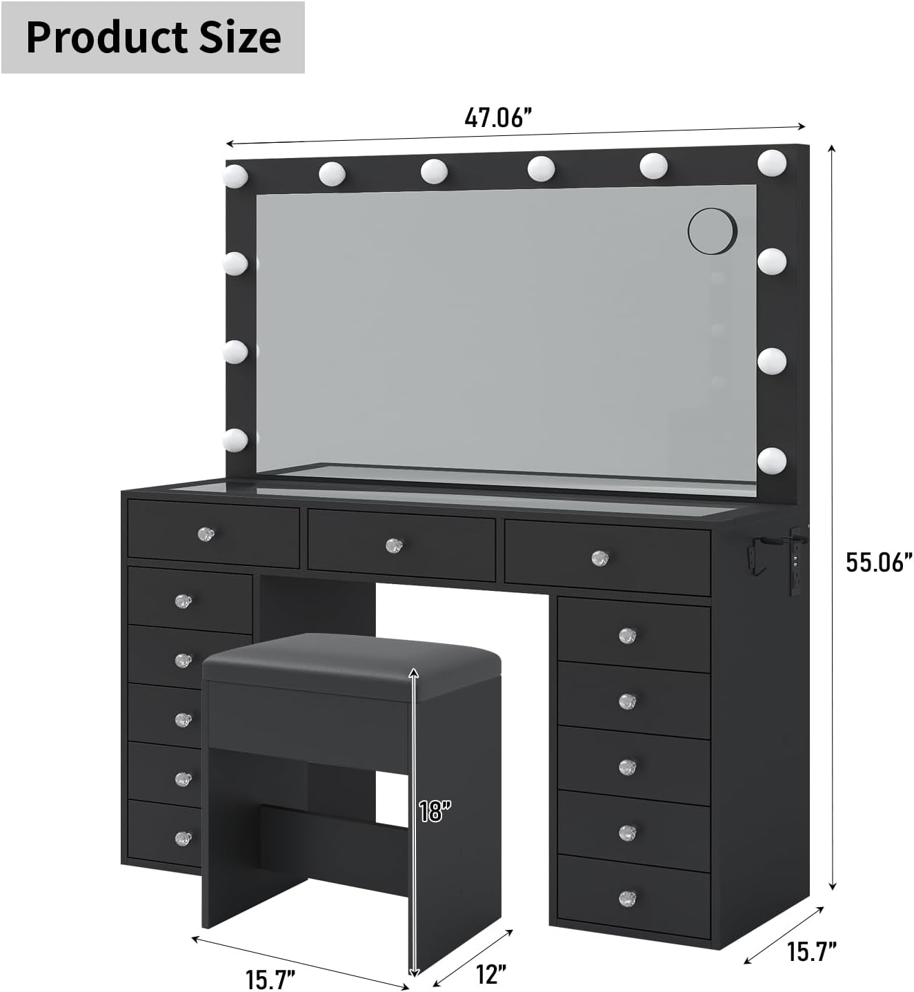 FUSOU 13 Drawers Vanity Desk, 47''W Makeup Vanity with Power Outlet, Vanity Table with Mirror and 12 LED Bulbs, 3 Color Lighting Modes, Glass Top, Dressing Table for Bedroom (Black)