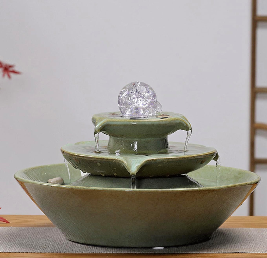 11.8' Indoor Tabletop Fountain, Ceramic Multi-Tier Waterfall with Crystal Ball & Fish Tank Feature, Free 10pcs Natural Crystals, Zen Home/Office/Entryway Decor, Housewarming Gift(Green)