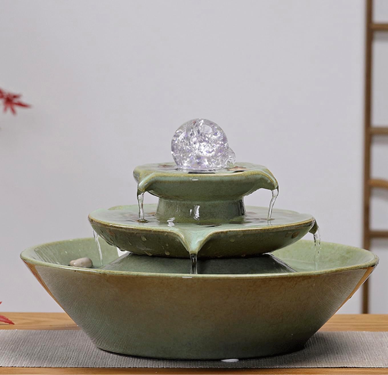 11.8' Indoor Tabletop Fountain, Ceramic Multi-Tier Waterfall with Crystal Ball & Fish Tank Feature, Free 10pcs Natural Crystals, Zen Home/Office/Entryway Decor, Housewarming Gift(Green)