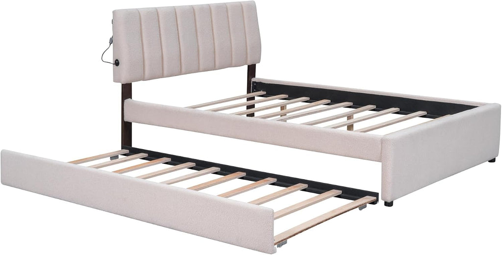 Ball & Cast Full Szie Upholstered Bed Frame with LED Light and Trundle,Teddy Fleece Platform Bed w/Channel Tufted Headboard &Wooden Slats Support,No Box Spring Needed, for Bedroom,Beige