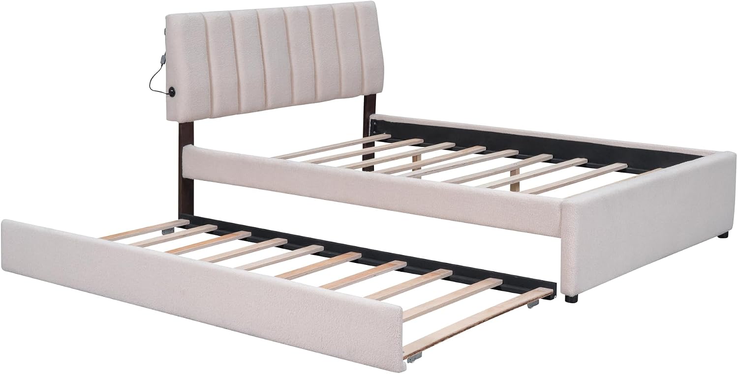 Ball & Cast Full Szie Upholstered Bed Frame with LED Light and Trundle,Teddy Fleece Platform Bed w/Channel Tufted Headboard &Wooden Slats Support,No Box Spring Needed, for Bedroom,Beige