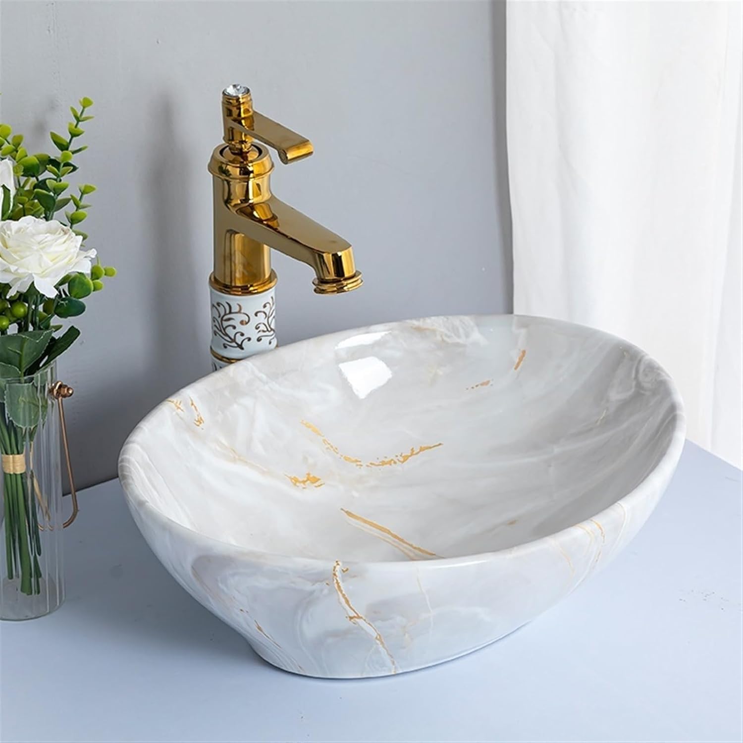Vanity Sink Art Basin Small Bathroom Sinks High-grade Imitation Marble Texture Ceramic Countertop Basin Lavatory Washbasin with Accessories Bathroom Sink