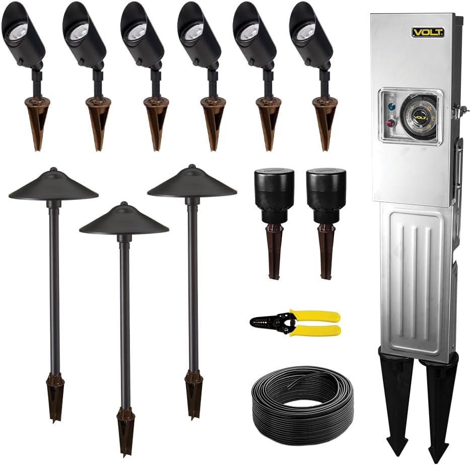 VOLT 12V Brass (Black) 6 Spotlight 3 Path Light LED Landscape Lighting Starter Kit with 150W Low Voltage Transformer