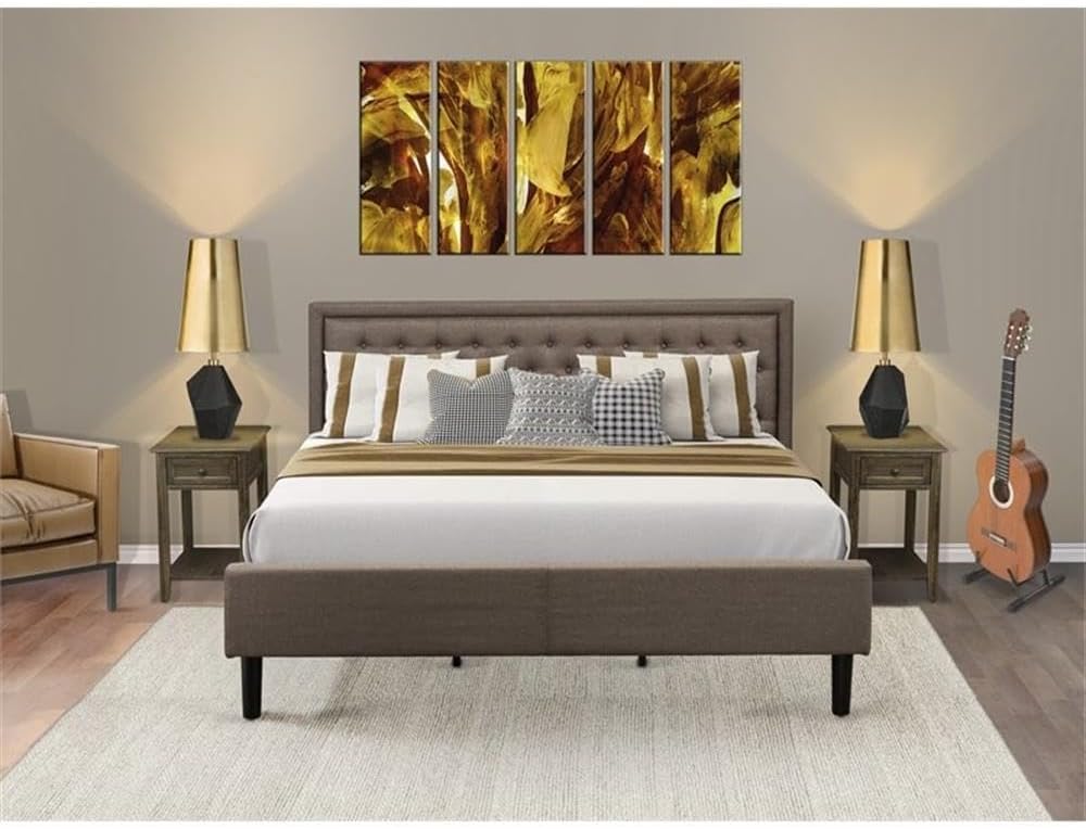 East West Furniture KD18K-2DE07 3 Piece Bed Set - 1 King Bed Frame Brown Linen Fabric Padded and Button Tufted Headboard with 2 Wooden Night Stand - Distressed Jacobean Finish Nightstand