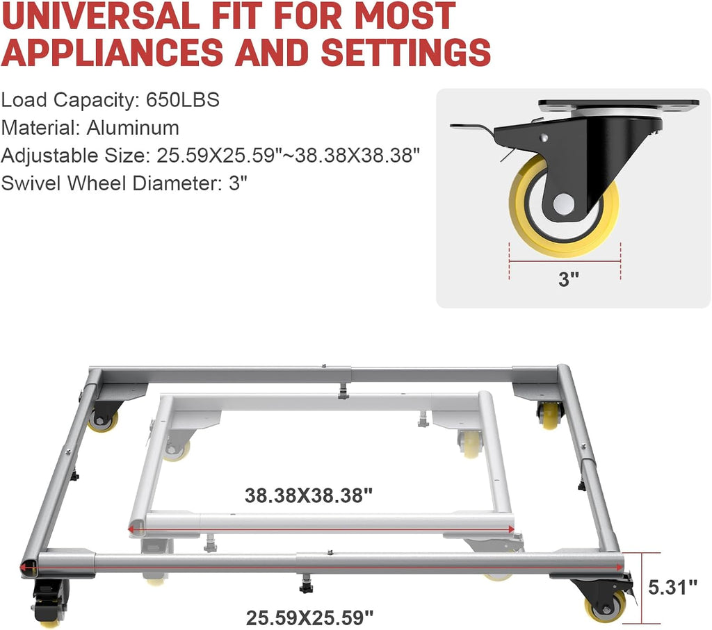 AUH Universal Rolling Mobile Base,Heavy Duty Adjustable Mobile Power Tool Base 25' x 25' to 38' x 38', with Swivel Wheels, for Woodworking Equipment,Bandsaw, Power Tools, Machines 650 LBS Capacity