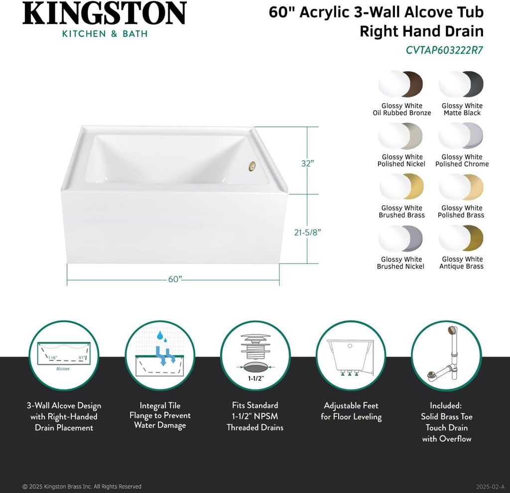 Aqua Eden CVTAP603222R5 60' Acrylic Rectangular 3-Wall Alcove Tub, Right Hand Drain, Glossy White/Oil Rubbed Bronze