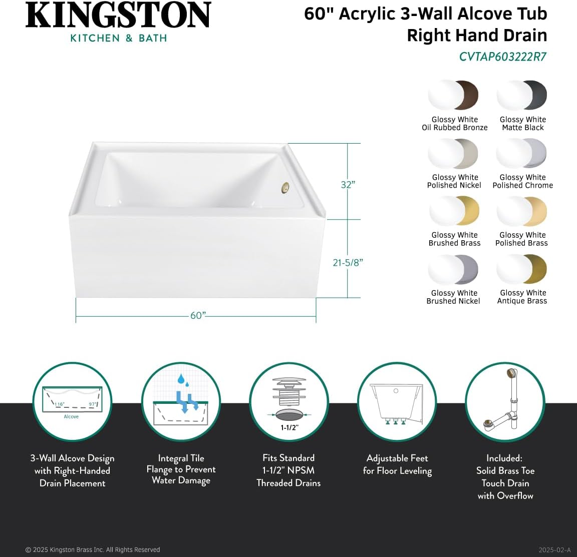 Aqua Eden CVTAP603222R5 60' Acrylic Rectangular 3-Wall Alcove Tub, Right Hand Drain, Glossy White/Oil Rubbed Bronze