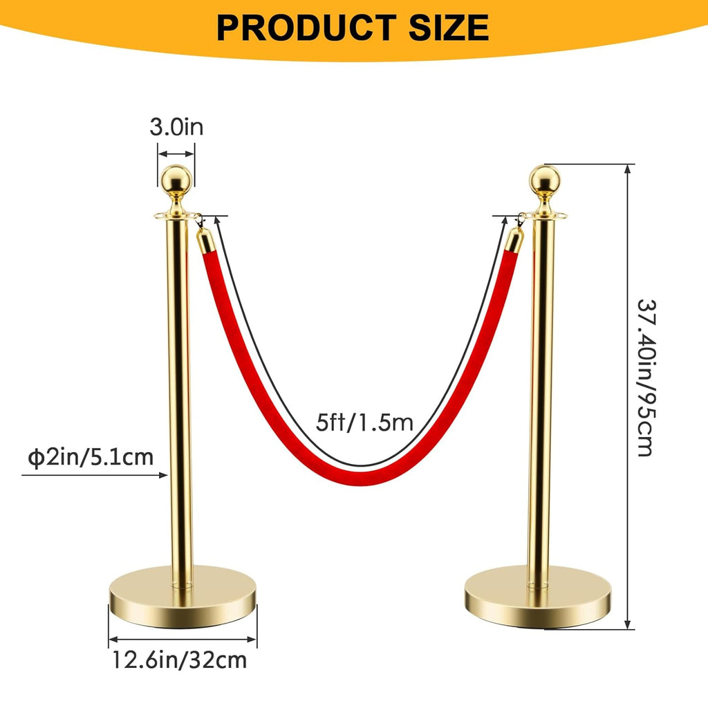 LOVMOR 12Pcs Gold Stanchion Posts Queue with 8pcs Red Velvet Rope, Crowd Control Barriers Queue Line Rope, Crowd Control Stanchion for Party Supplies