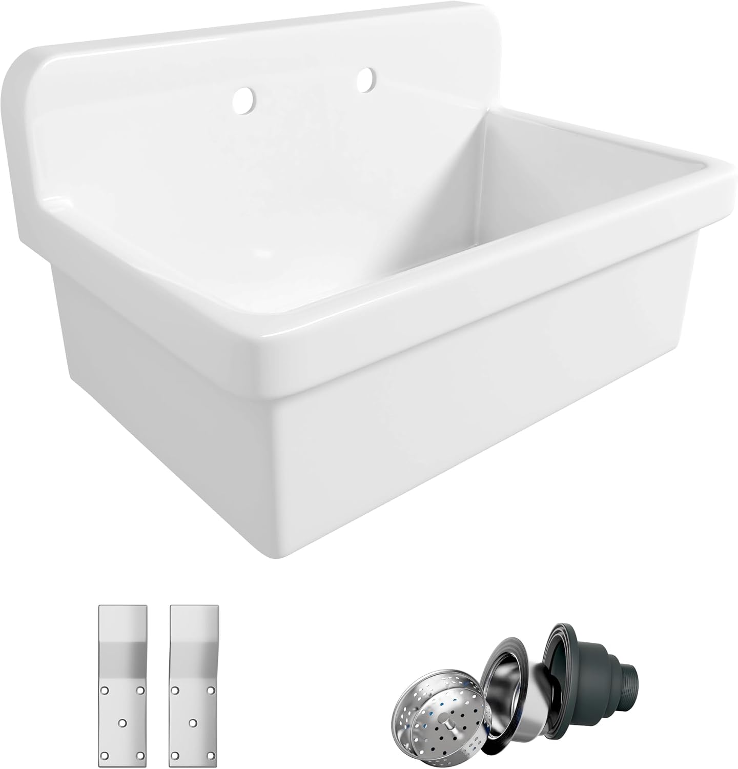 Eridanus 30 Inch Utility Sink, Wall Mount Laundry Sink, Modern Bathroom Basin, Farmhouse Kitchen Sink Drop-in, Floating Porcelain Ceramic Tub High Back for Garage, Washing Room, Workshop 30'x19'x17'