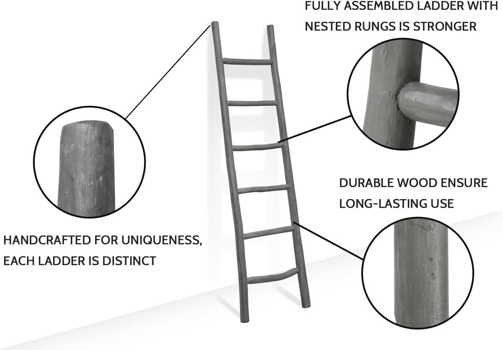 FUIN Fully Assembled 6ft Wood Blanket Ladder Living Room Decorative Wall Leaning Farmhouse Quilt Display Holder Rustic Wooden Towel Rack for Bathroom, Gray