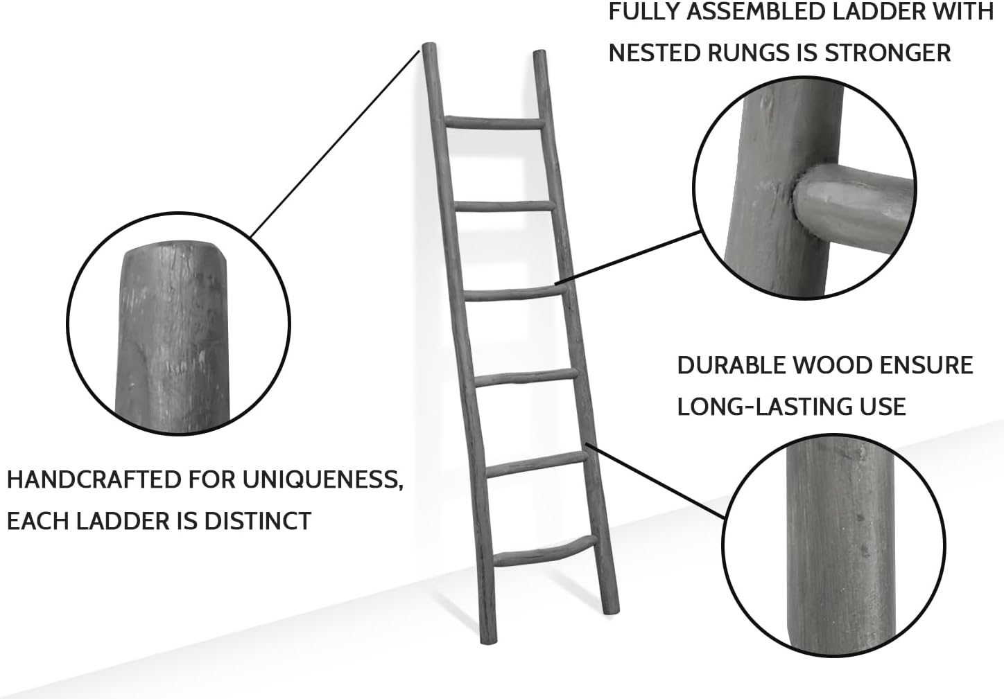 FUIN Fully Assembled 6ft Wood Blanket Ladder Living Room Decorative Wall Leaning Farmhouse Quilt Display Holder Rustic Wooden Towel Rack for Bathroom, Gray