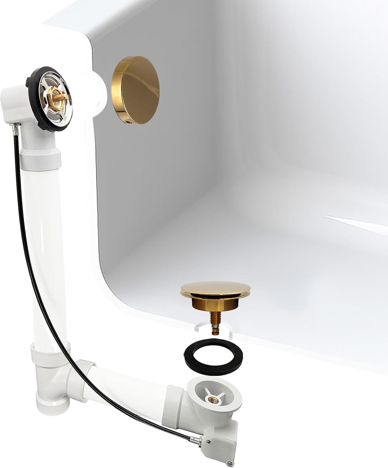 Westbrass D50P27SRE-01 27' Cable Drive Bathtub Drain Trim with Rotary Overflow Cover Knob, Pop-Up Stopper Sch. 40 PVC Fittings, Polished Brass