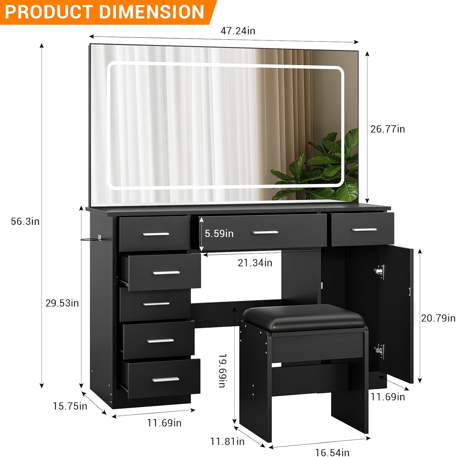 IDEALHOUSE Vanity Desk with Mirror and Lights, White Makeup Vanity with 7 Drawers, 3 Light Mode and Brightness Adjusted, Dressing Table with Hairdryer Holder for Bedroom