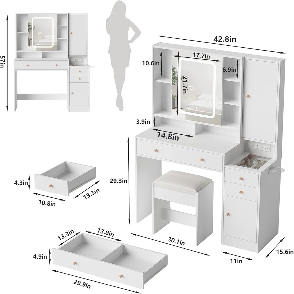 Vabches White Vanity Desk with Mirror and Lights, Vanity Table Makeup Vanity with Lights 3 Drawers and Cabinets, Charging Station & Sliding Door, Lots Storage Shelves