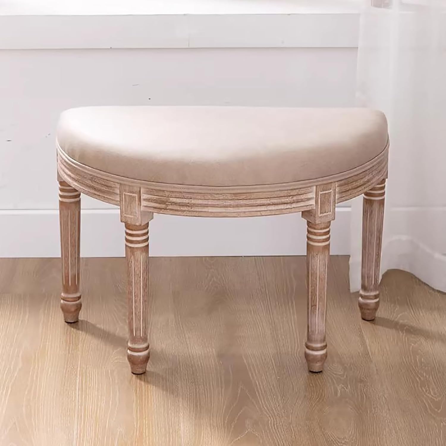 Half Moon Solid Wood Vanity Bench,Vintage French Upholstered Entryway Bench,Comfy Tufted Piano Benches Ottoman for Bedroom Living Room Hallway (27.56' W×13.78' D×18.5' H, Leather Offwhite)
