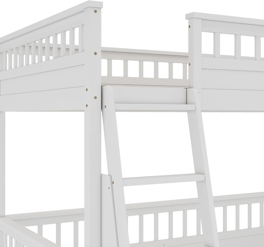 RUNNA Rustic Solid Wood Bunk Bed for Kids Teens with Ladder and Guardrails, Detachable Split Design,No Box Spring Needed (Off White, Full XL Over Queen)