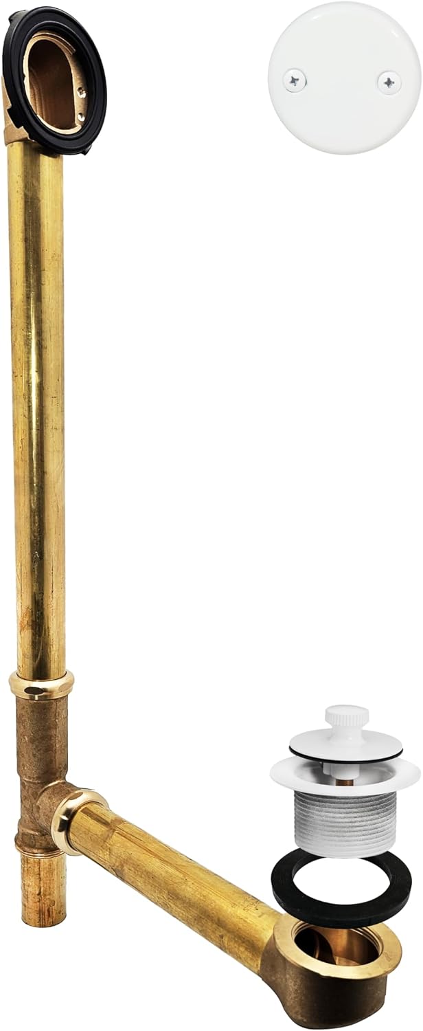 Westbrass A3264-50 22-1/2' Brass Bath Waste & Overflow Assembly with Pull Drain Plug and 2-Hole Faceplate, Powder Coat White