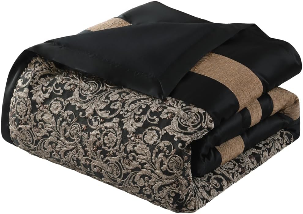 Bedduvit Luxury 7 Piece King Comforter Set - Vintage Elegant Floral Jacquard Black and Gold Bed in Bag King, Chic Stripe Botanical Patchwork Thick Bedding Set with Bed Skirt, Decorative Pillows, Shams