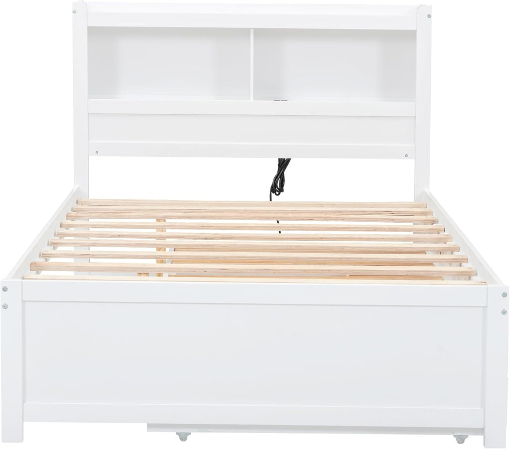 SOFTSEA Full Trundle Bed Frame with Storage Headboard Wood Platform Bed Frame with Trundle and USB Plugs