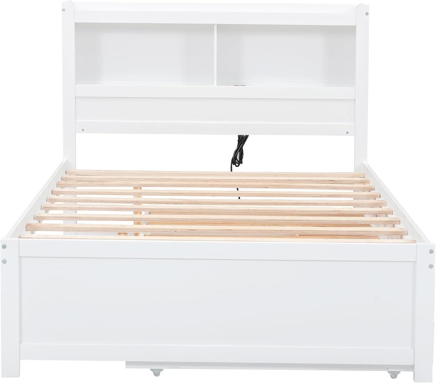 SOFTSEA Full Trundle Bed Frame with Storage Headboard Wood Platform Bed Frame with Trundle and USB Plugs