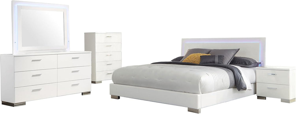 Coaster Home Furnishings Felicity Contemporary 5-Piece Bedroom Set Eastern King Size LED Panel Bed Frame 49-inch Headboard White High Gloss 203500KE-S5L