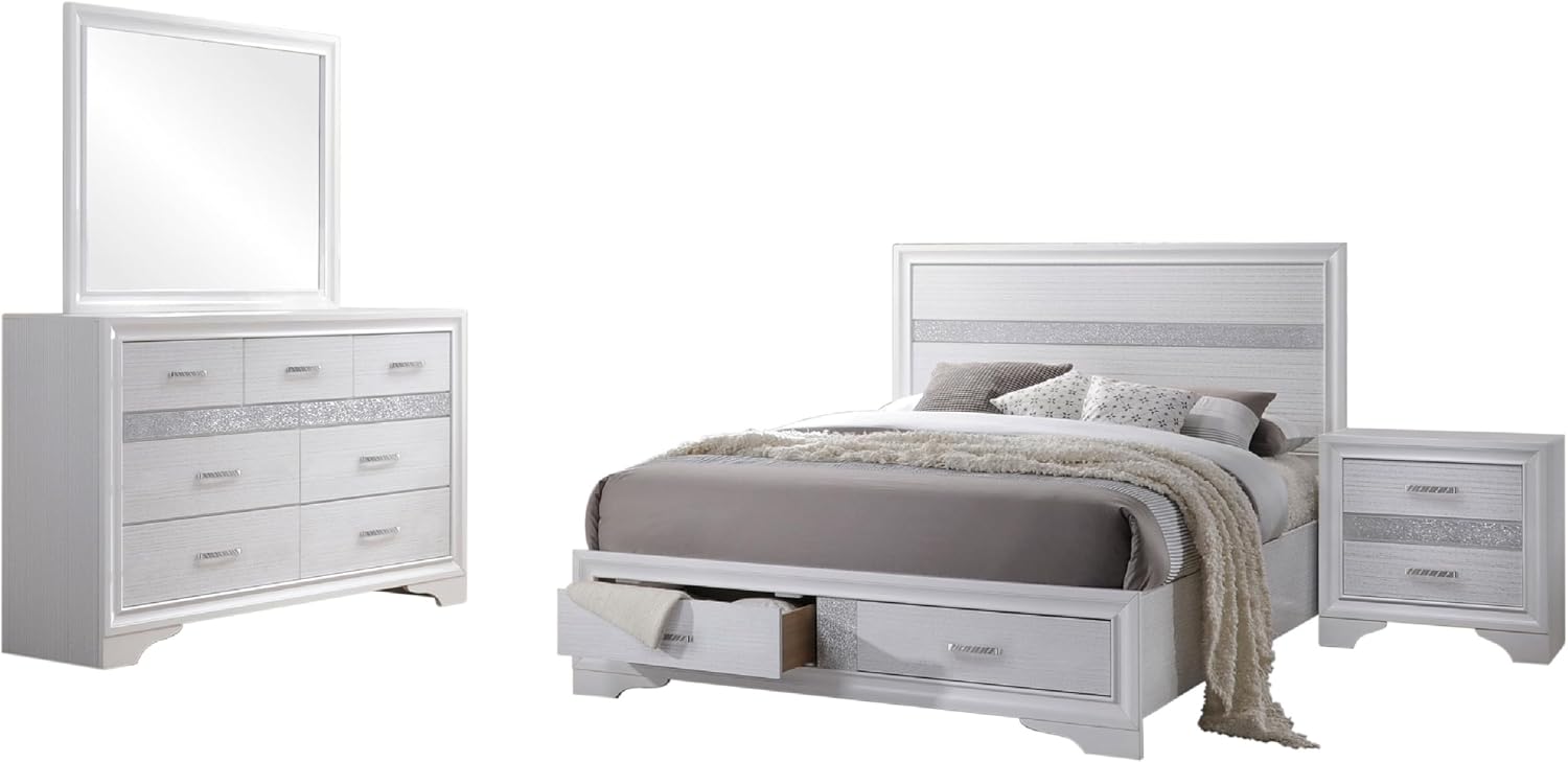 Benzara Vino White 4 Piece Queen Bed Set with Storage, Glitter Accent