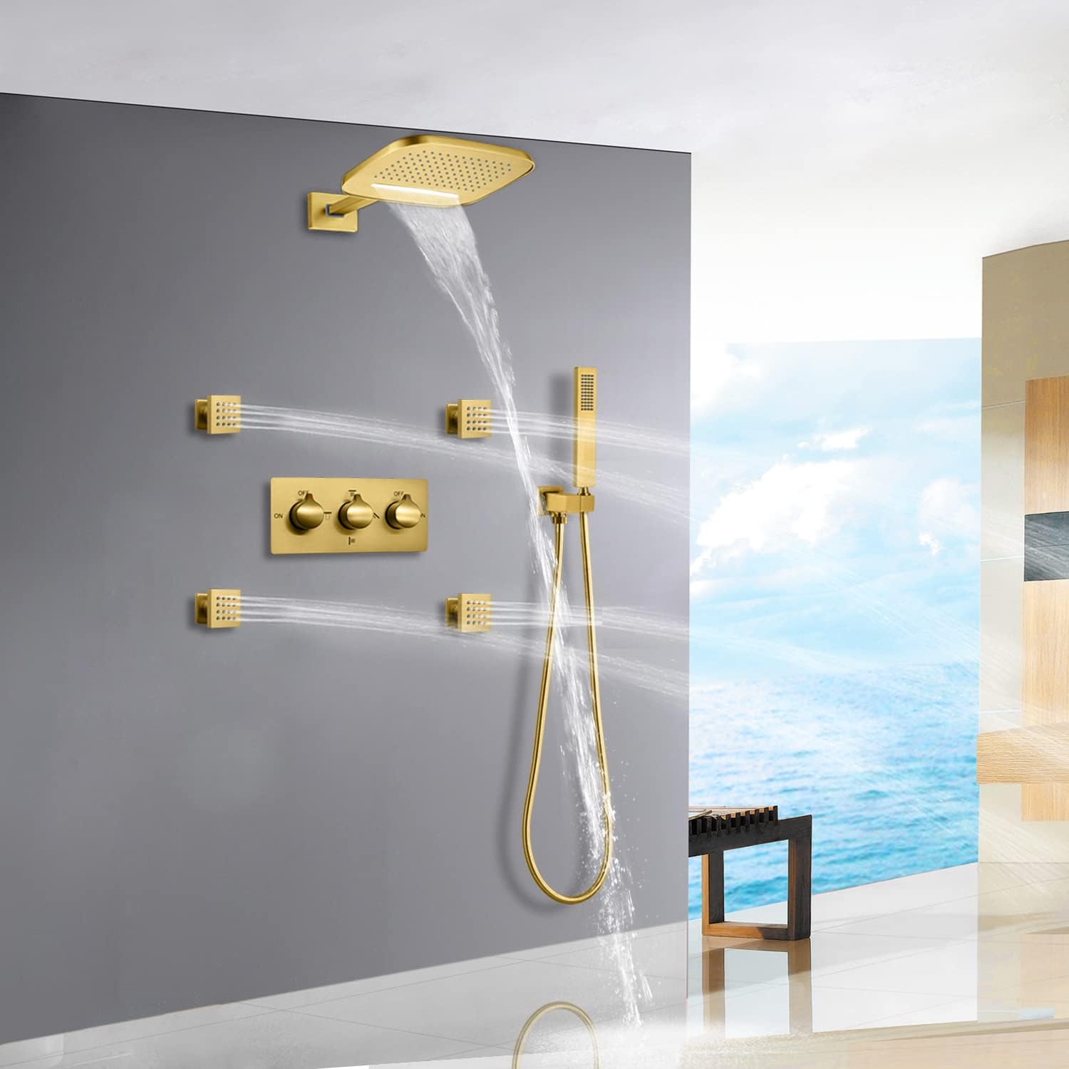 Waterfall Rain Shower System Wall Mounted Brass Ceiling Rainfall Shower Head With Handheld Sprays Massage Spa Body Combo Set (Brushed Gold)