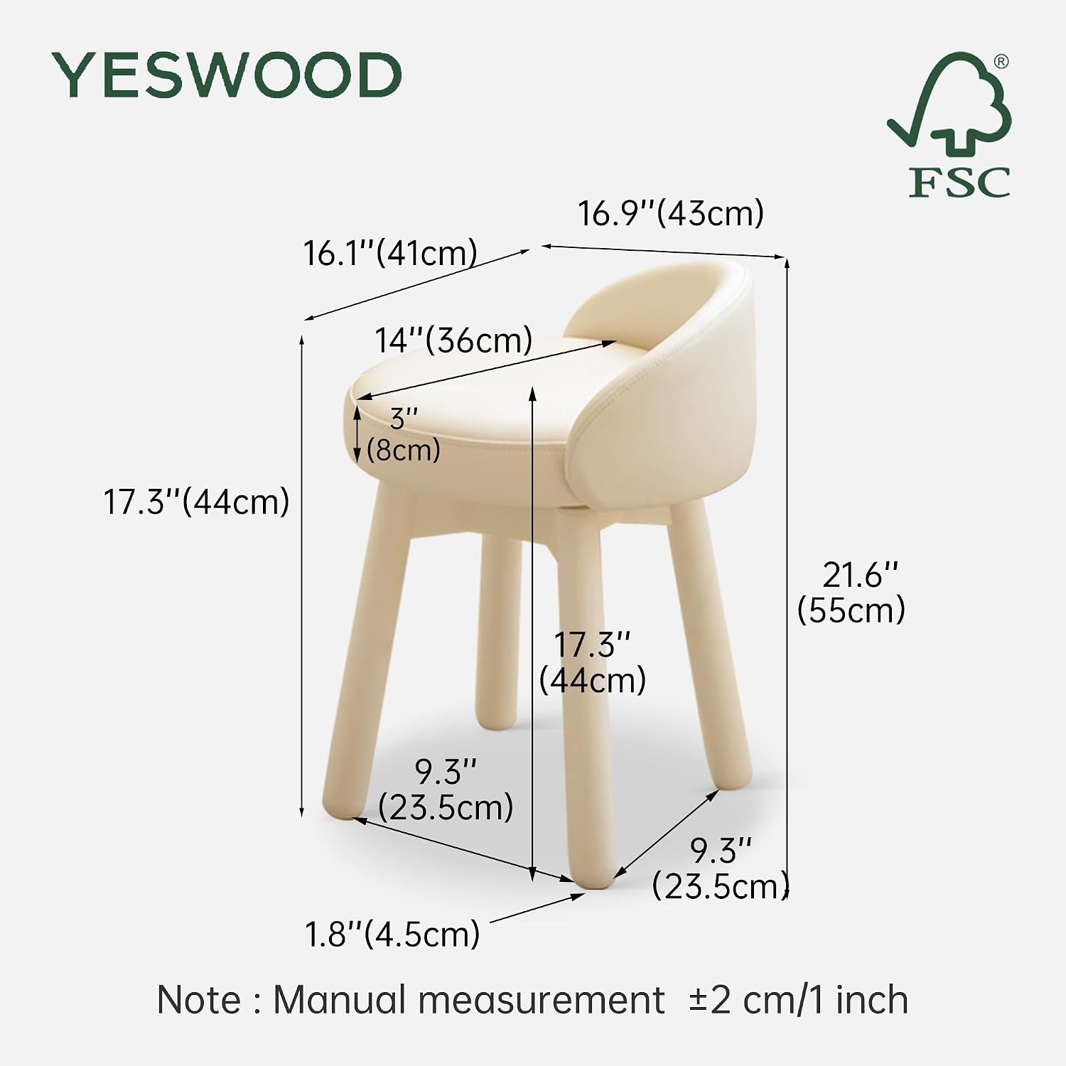 YESWOOD Adjustable Vanity Stool, 360 Swivel Chair for Makeup Room, Fully Assembled Makeup Chair, White Faux Leather Stool for Bathroom & Living Room, White