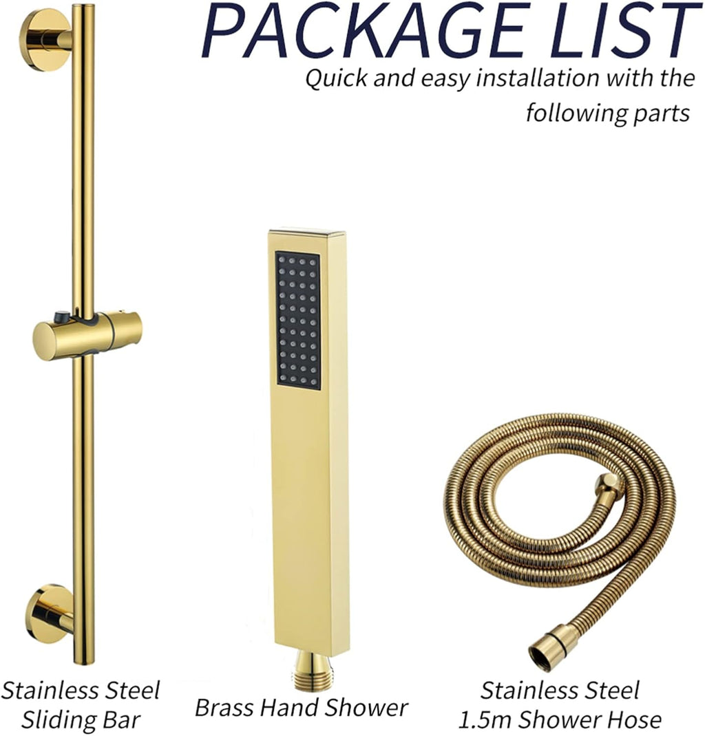 Shower Slide Bar with Handheld Shower, 304 Stainless Steel Slide Bar Adjustable Holder with 59 Inch Shower Hose Wall Mounted Slide Bar Holder Set,Chrome (Gold)