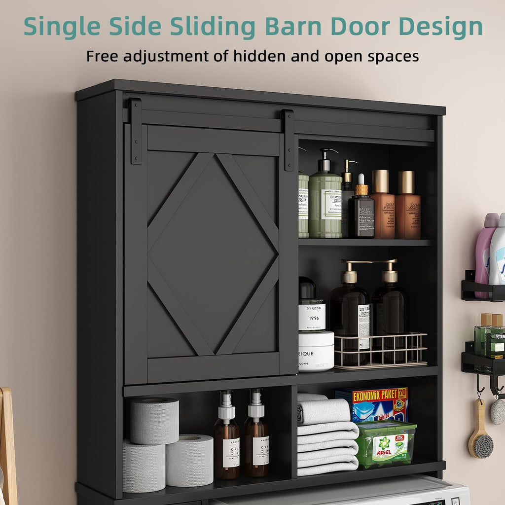 Over the Toilet Storage Cabinet with Farmhouse Sliding Barn Door, Above Toilet Organizer with Toilet Paper Holder Stand, Behind Toilet Shelf, Space Saver for Restroom, Bathroom, Laundry, Black