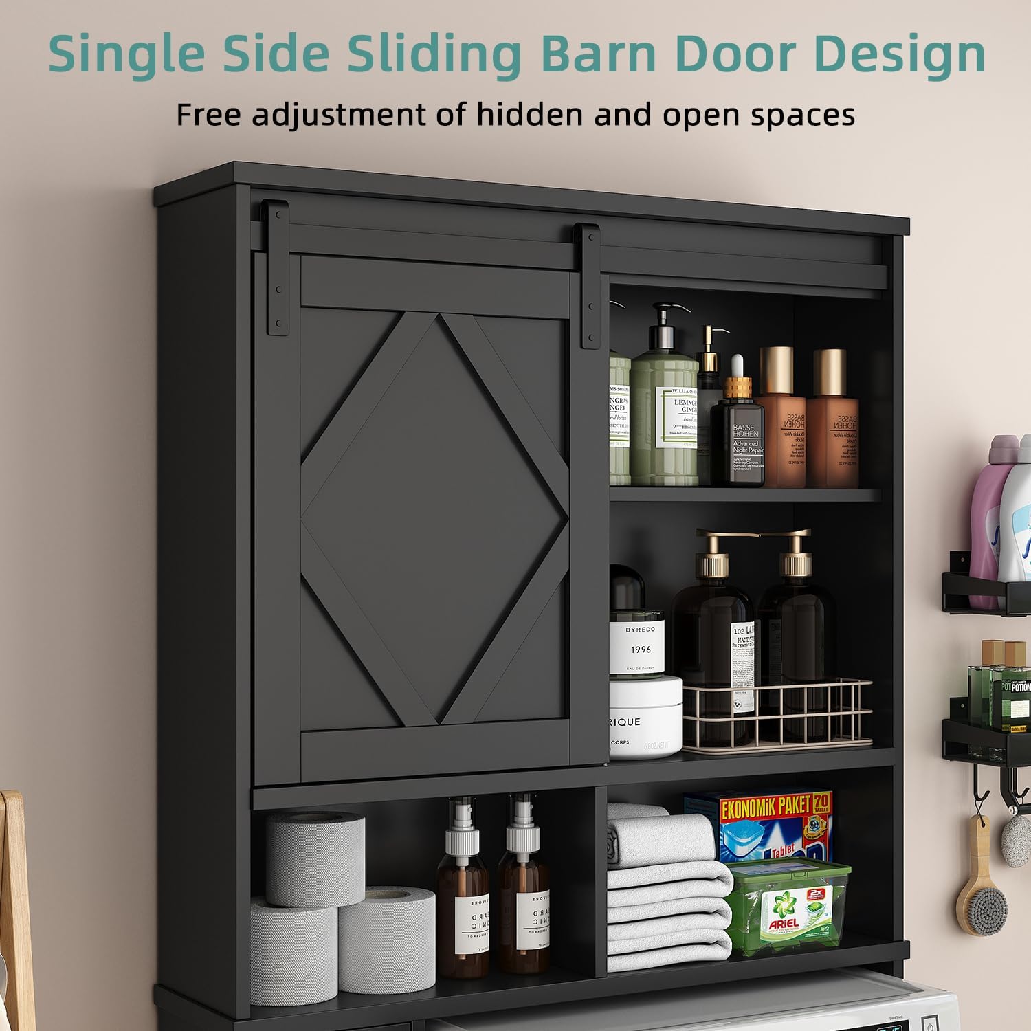 Over the Toilet Storage Cabinet with Farmhouse Sliding Barn Door, Above Toilet Organizer with Toilet Paper Holder Stand, Behind Toilet Shelf, Space Saver for Restroom, Bathroom, Laundry, Black