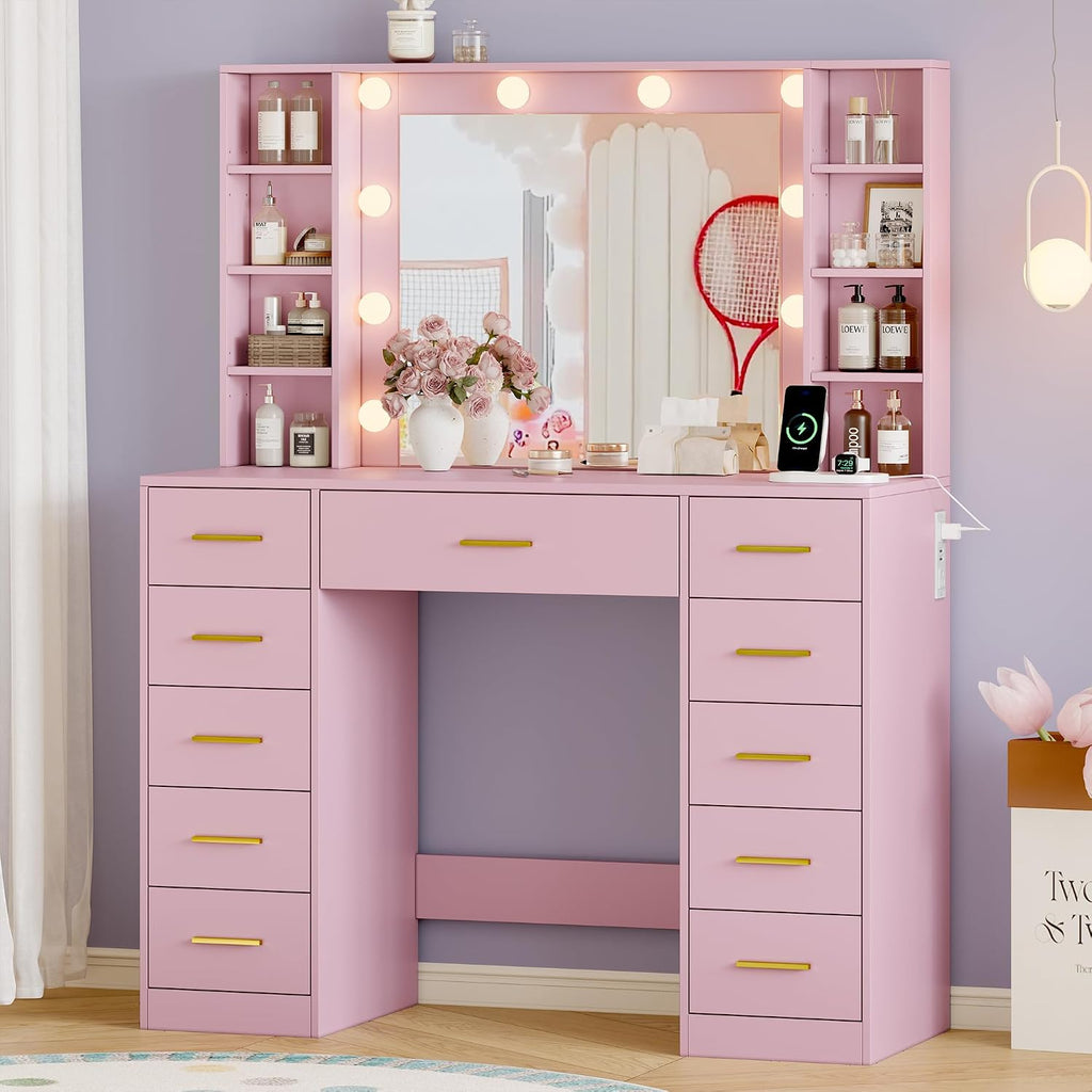 Wodeer Makeup Vanity with Drawers, 43' Pink Vanity Desk with Mirror and Lights, 11 Drawers & 4 Shelves, Power Outlet & Adjustable LED Lights, Dressing Table for Women & Girls Bedroom