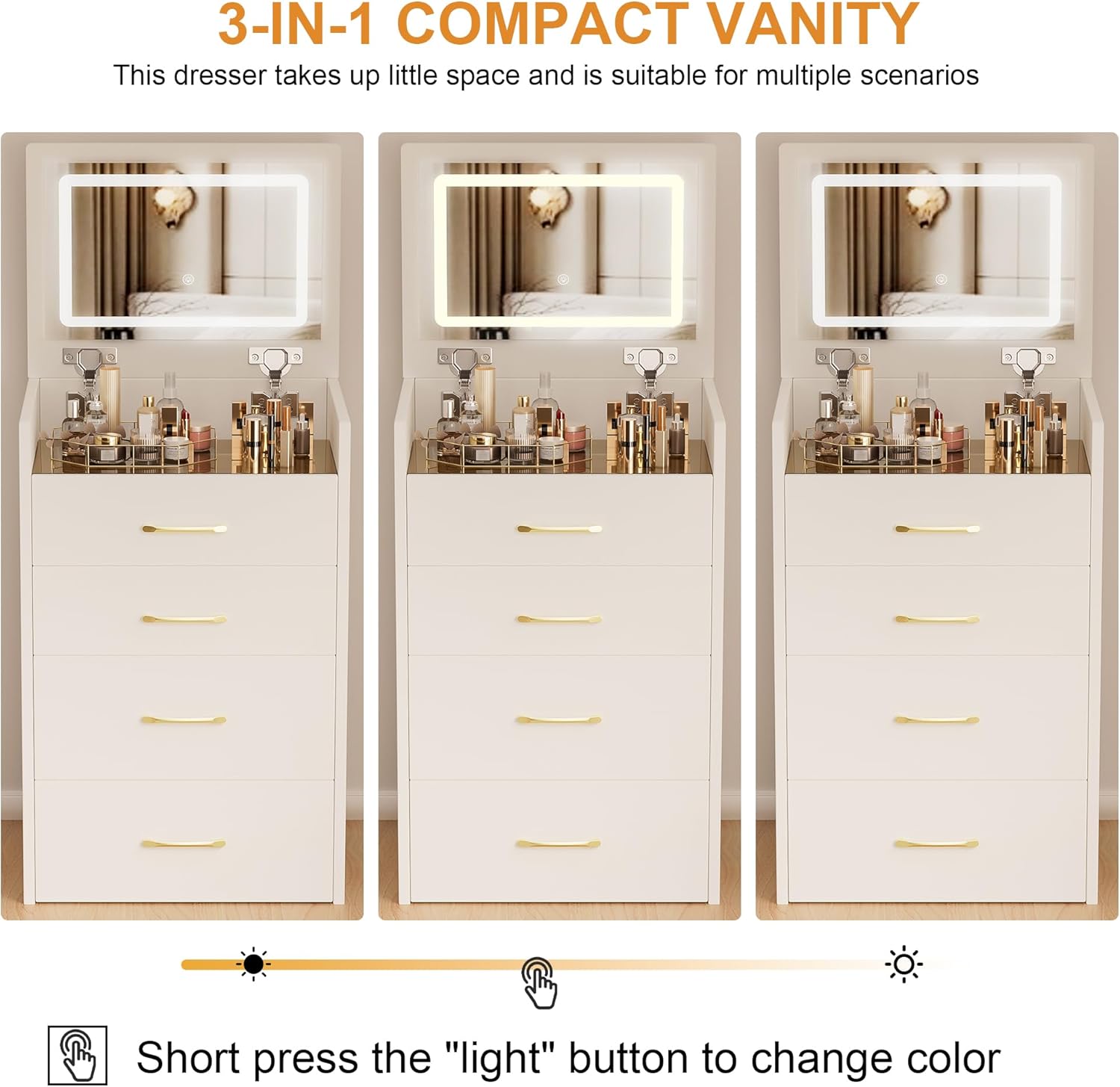 3 in 1 Vanity Desk with Plip Top Mirror and Lights,Small Make Up Vanity Set with Visible Glass Desktop,Compact Makeup Vanity with 3 Drawers,Dressing Table for Bedroom,White
