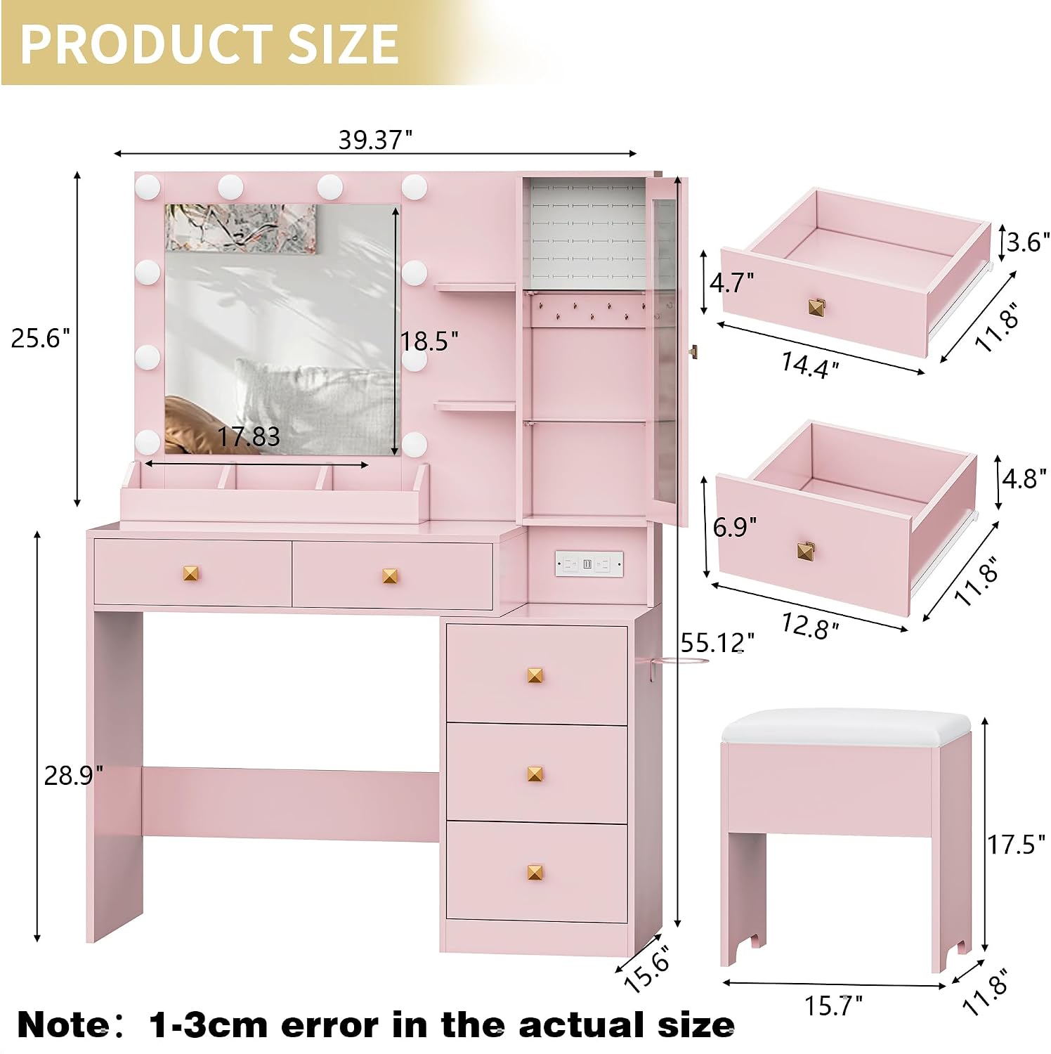 Vanity Desk with Mirror and Lights, Makeup Vanity Table Set with 5 Storage Drawers, Power Outlet & Chair, Small Dressing Table with RGB Ambient Light, Adjustable Brightness for Girls Bedroom, Pink