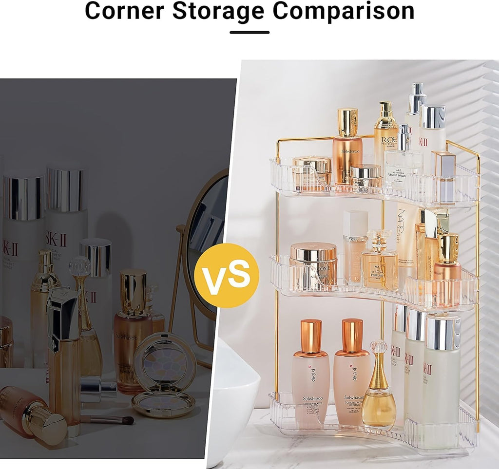 Skincare Organizers, 3 Tier Makeup Organizer for Bathroom Corner Vanity Countertop Makeup Organizer Holder Cosmetics Skincare Storage Counter(Amber)