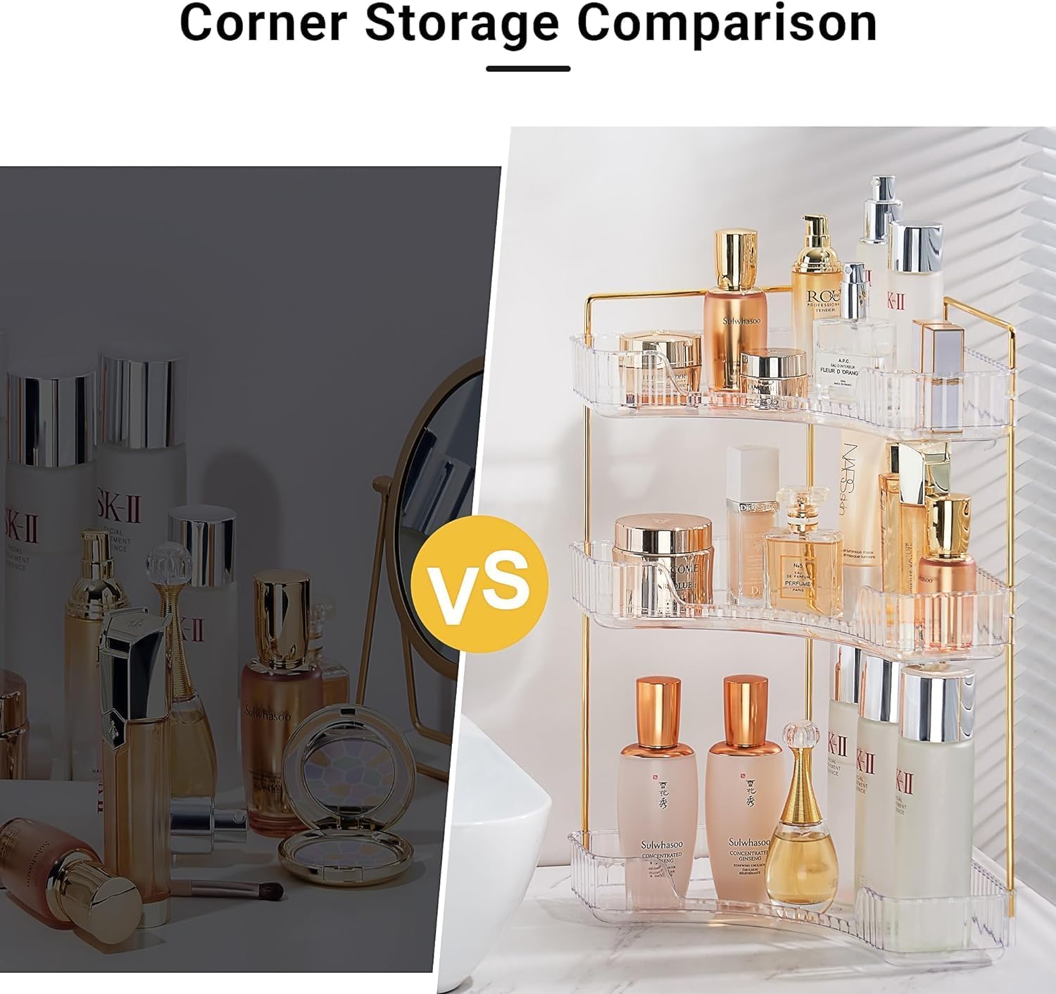 Skincare Organizers, 3 Tier Makeup Organizer for Bathroom Corner Vanity Countertop Makeup Organizer Holder Cosmetics Skincare Storage Counter(Amber)