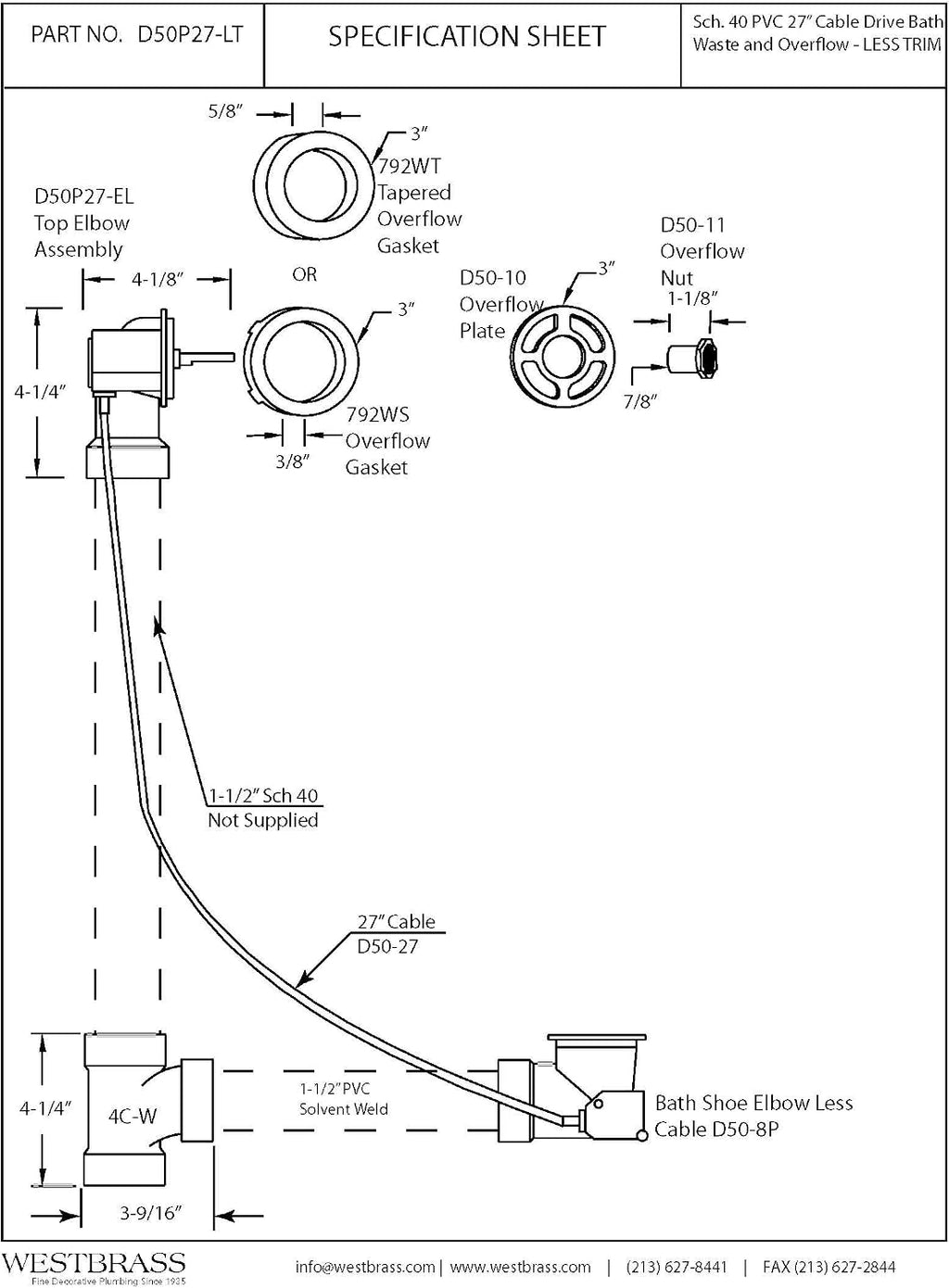 Westbrass D50P27-LT 27' Cable Drive Standard Bath Drain Trim Kit with Sch. 40 PVC Fittings, Rough Only (4-Pack)